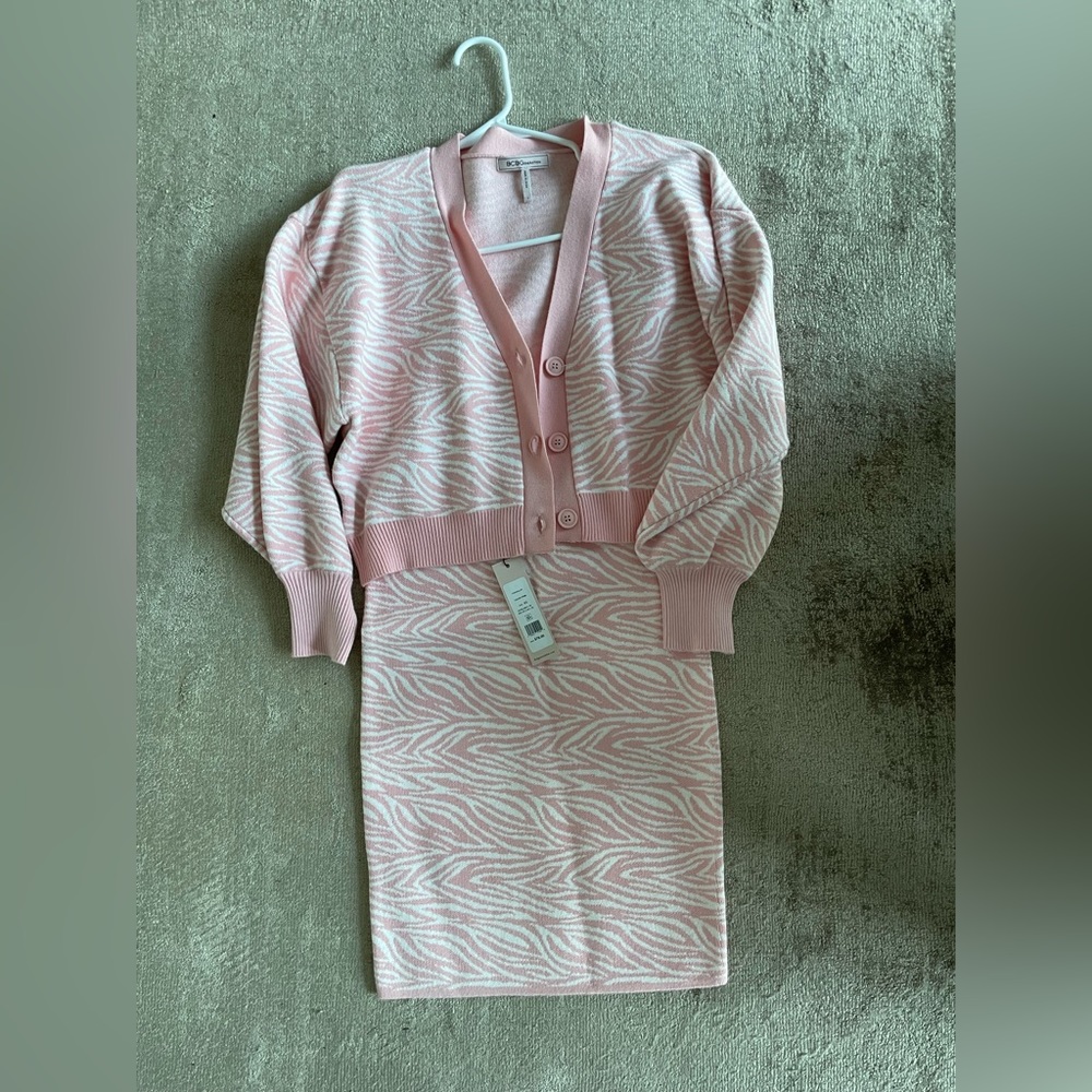 BCBG pink skirt and cardigan set NWT size XS/S